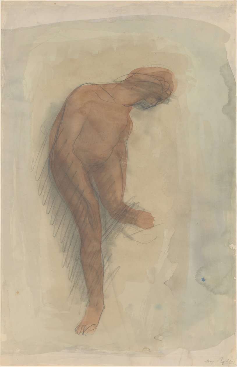 Alaston naishahmo pitelee vasenta jalkaa, 1900-1912. tekijältä Auguste Rodin