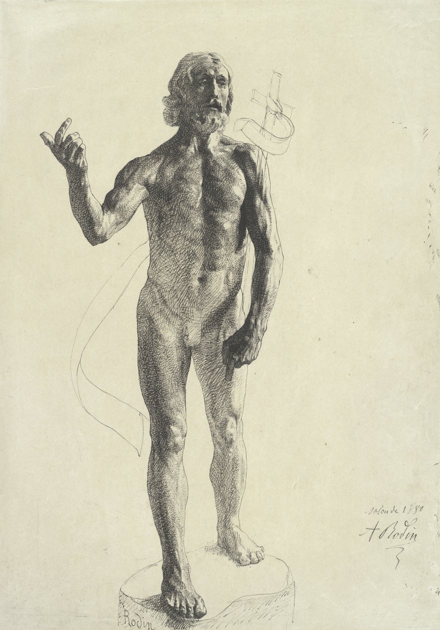 Pyhä Johannes Kastaja, 1880 (musta muste grafiitilla paperilla) tekijältä Auguste Rodin