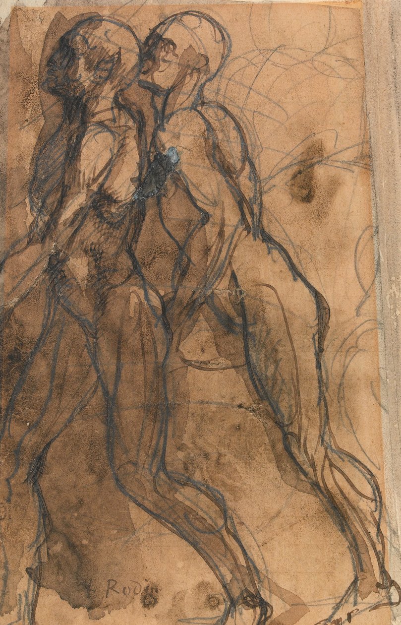 The Shades lähestyy Dantea ja Vergiliasta (grafiitti, kynä ja tumma seepiapesu kiillotuspaperilla) tekijältä Auguste Rodin