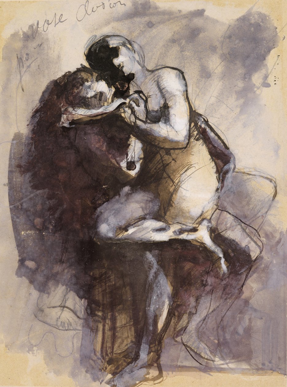 Maljakko Clodion (Lovers) n. 1880 (musta muste, guassi ja grafiitti paperilla) tekijältä Auguste Rodin
