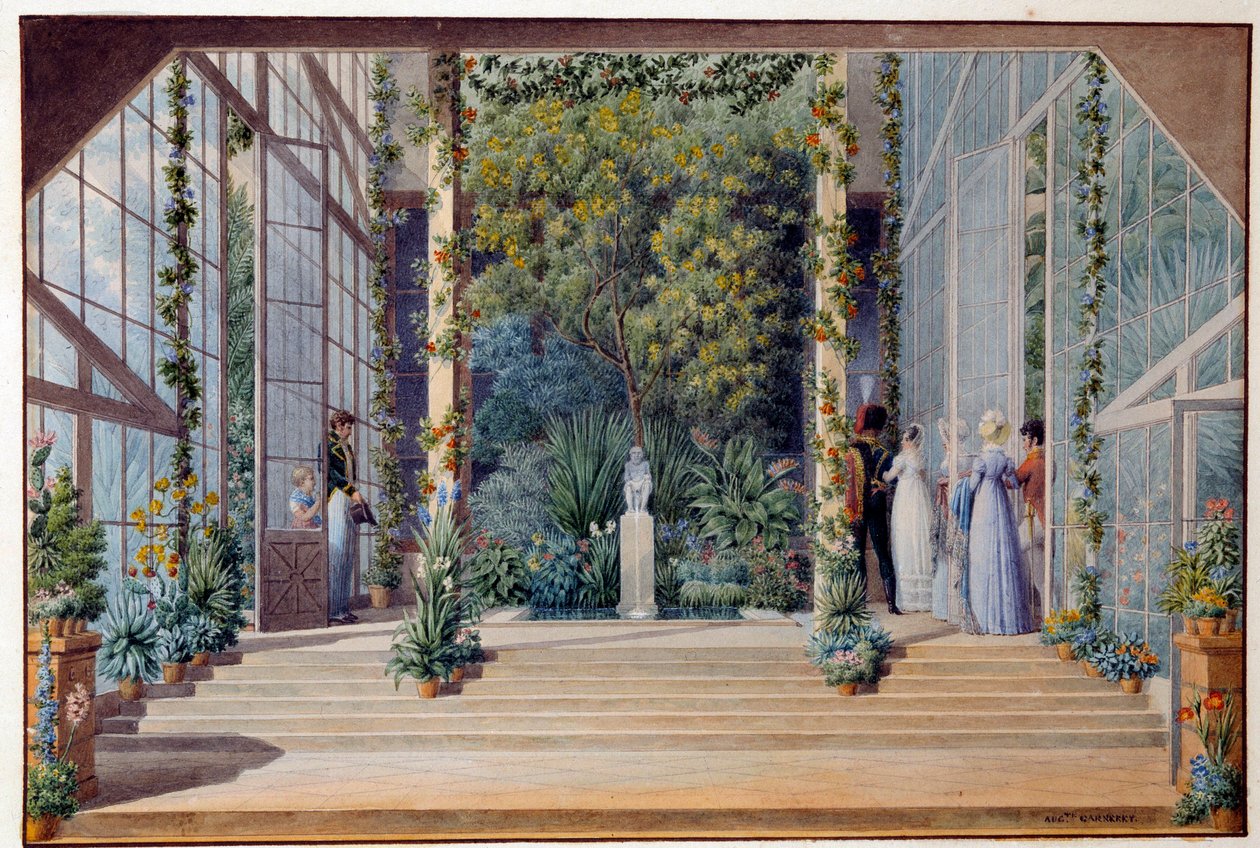Auguste Garneray (1785-1824) vierailu Malmaison Aquarellen linnan lämpimään kasvihuoneeseen 1823 su. 0,16x0,24 m Malmaison, musee du chateau tekijältä Auguste Simon Garneray