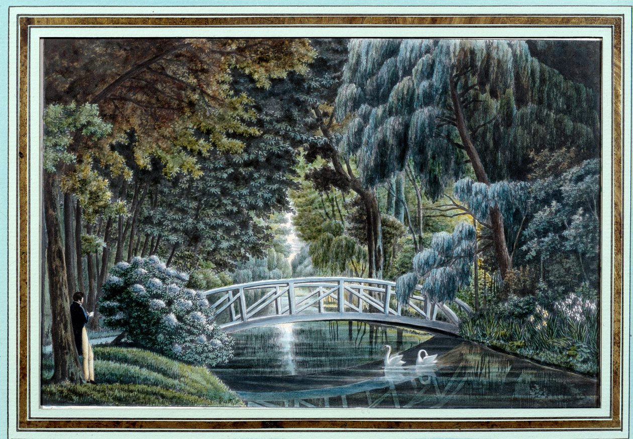 Näkymä joen ylittävälle puusillalle Malmaisonin linnan vasemmalla puolella Watercolour d