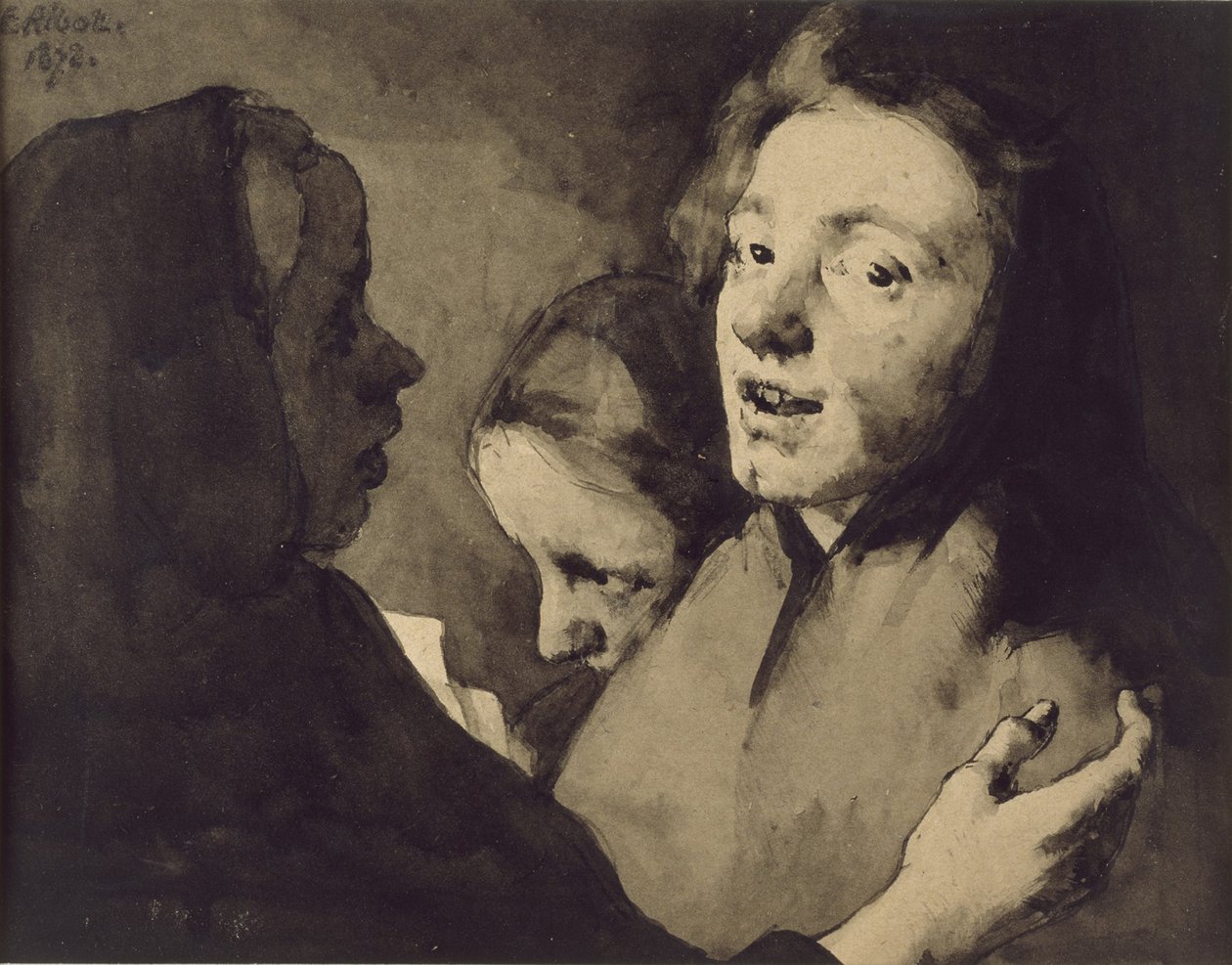 Keskustelukappale: Kolme päätä, 1872 (mustalla musteella pesu paperille) tekijältä Auguste Theodule Ribot