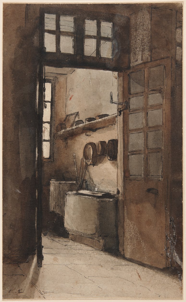 Keittiön sisustus, noin 1862 (tussi, tussi ja akvarelli). tekijältä Auguste Theodule Ribot
