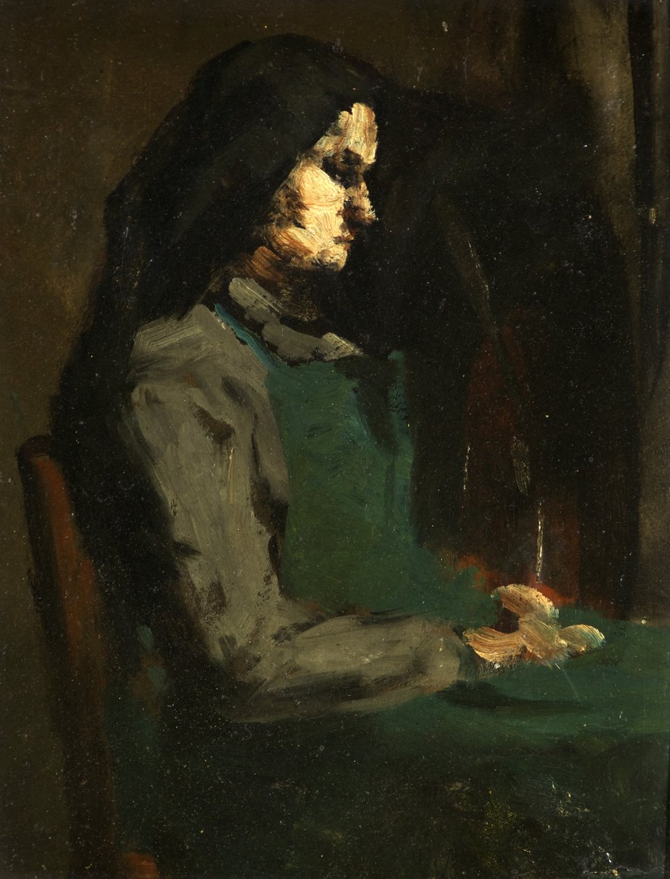 Nainen vihreällä esiliinalla (öljy pahville) tekijältä Auguste Theodule Ribot