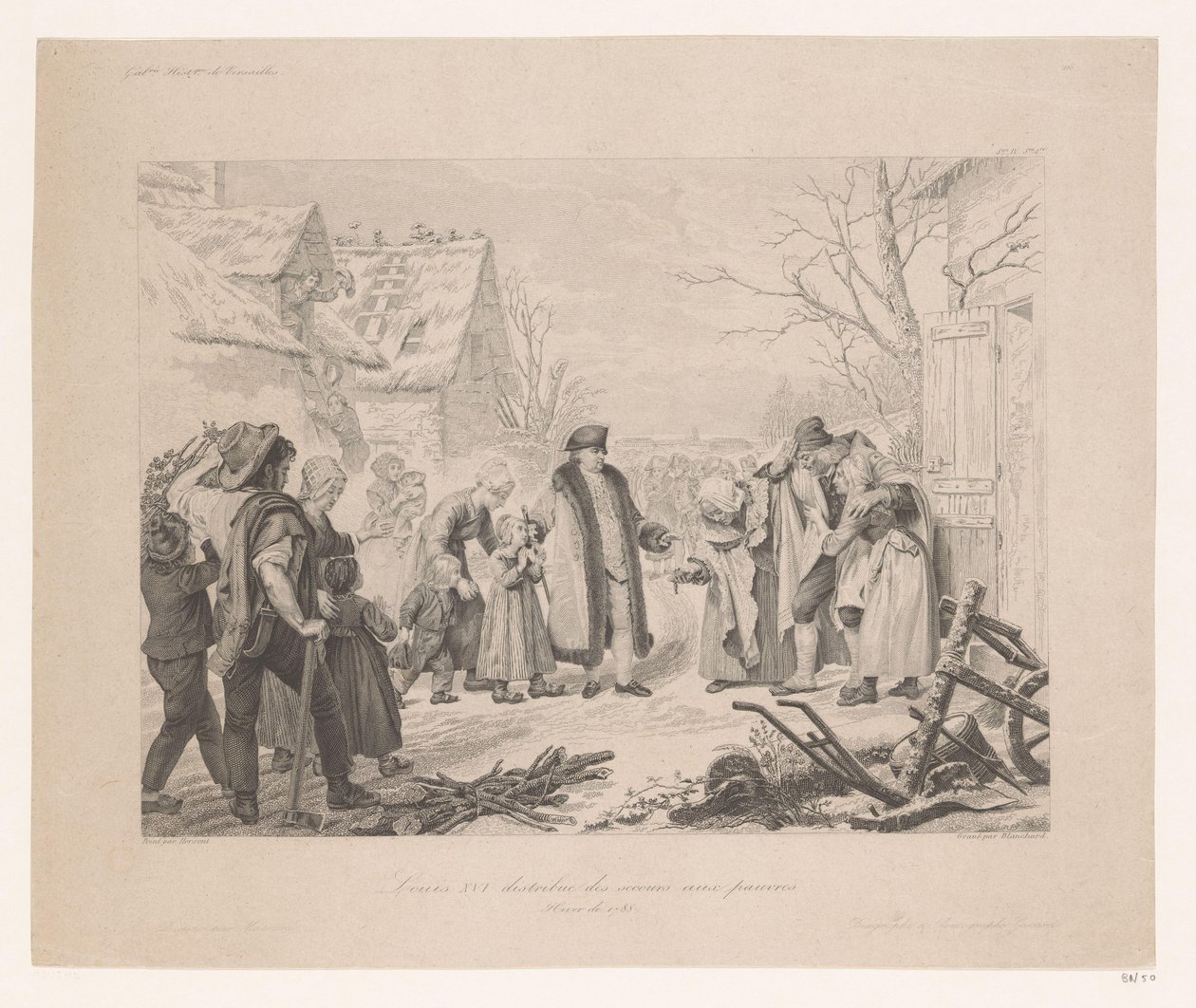 Louis XVI vierailee köyhällä alueella Ludvig XVI jakelu des secours aux pauvres (otsikko esineessä) tekijältä Auguste Thomas Marie Blanchard
