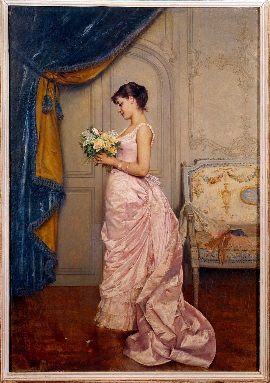 Sweet Ticket Nuori nainen lukee rakkauskirjettä ihailijalta kukkakimpun kera. Auguste Toulmouchen (1829-1890) maalaus 1883 su. 0,66x0,45 m Nantes, musee des Beaux Arts tekijältä Auguste Toulmouche