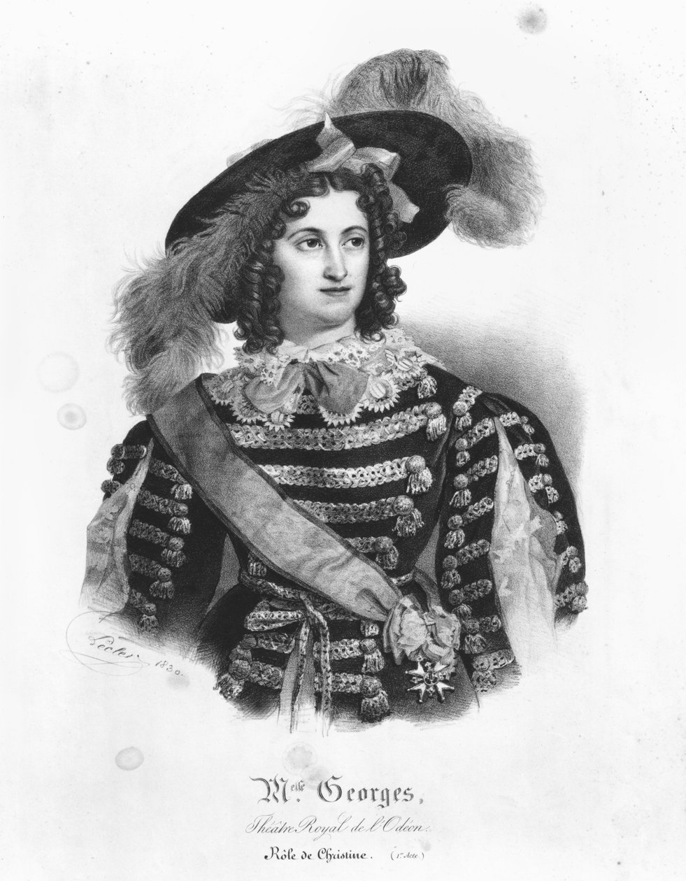 Mademoiselle George Ruotsin kuningatar Kristiina roolissa Alexandre Dumasin (1802-70) elokuvasta "Christine ou Stockholm, Fontainebleau et Rome" 1830 tekijältä Auguste Toussaint or Lecler Le clerc