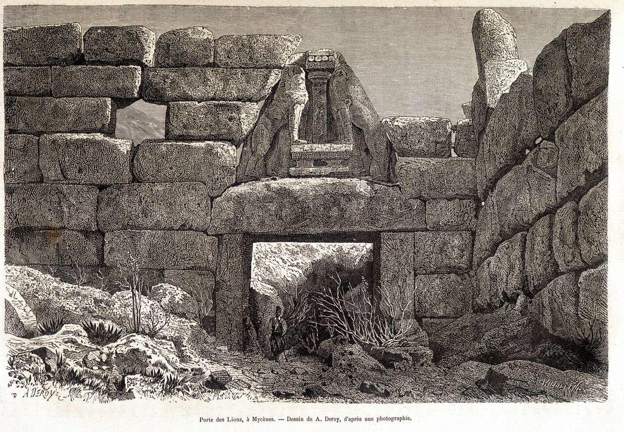 Gate of the Lions in Mycenae - piirros A. Deroy, "" Round the World"" 1877 2. lukukausi tekijältä Auguste Victor Deroy