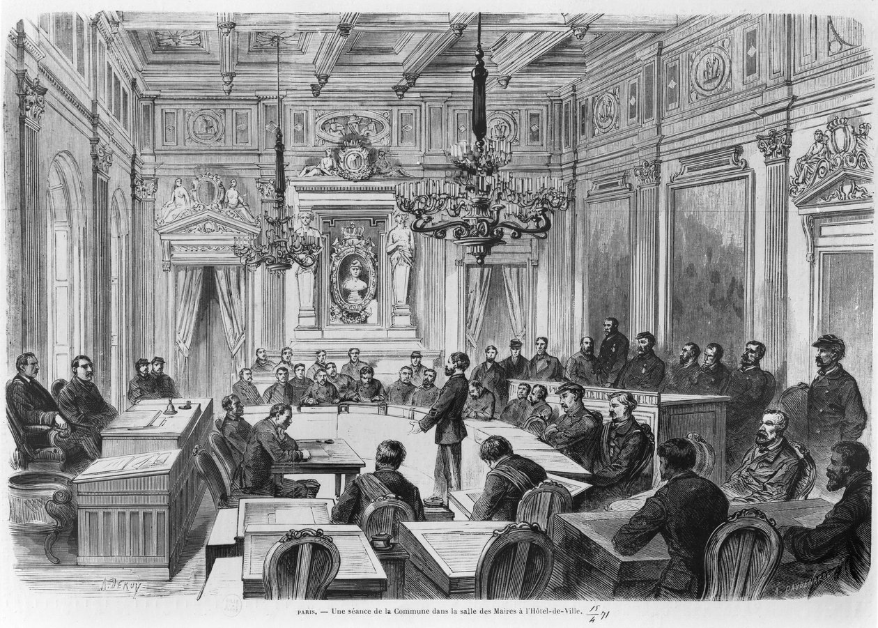 Kommuunin jäsenet istunnossa Hotel de Villessa, Salle des Mairesissa, Pariisissa, 1871 tekijältä Auguste Victor Deroy