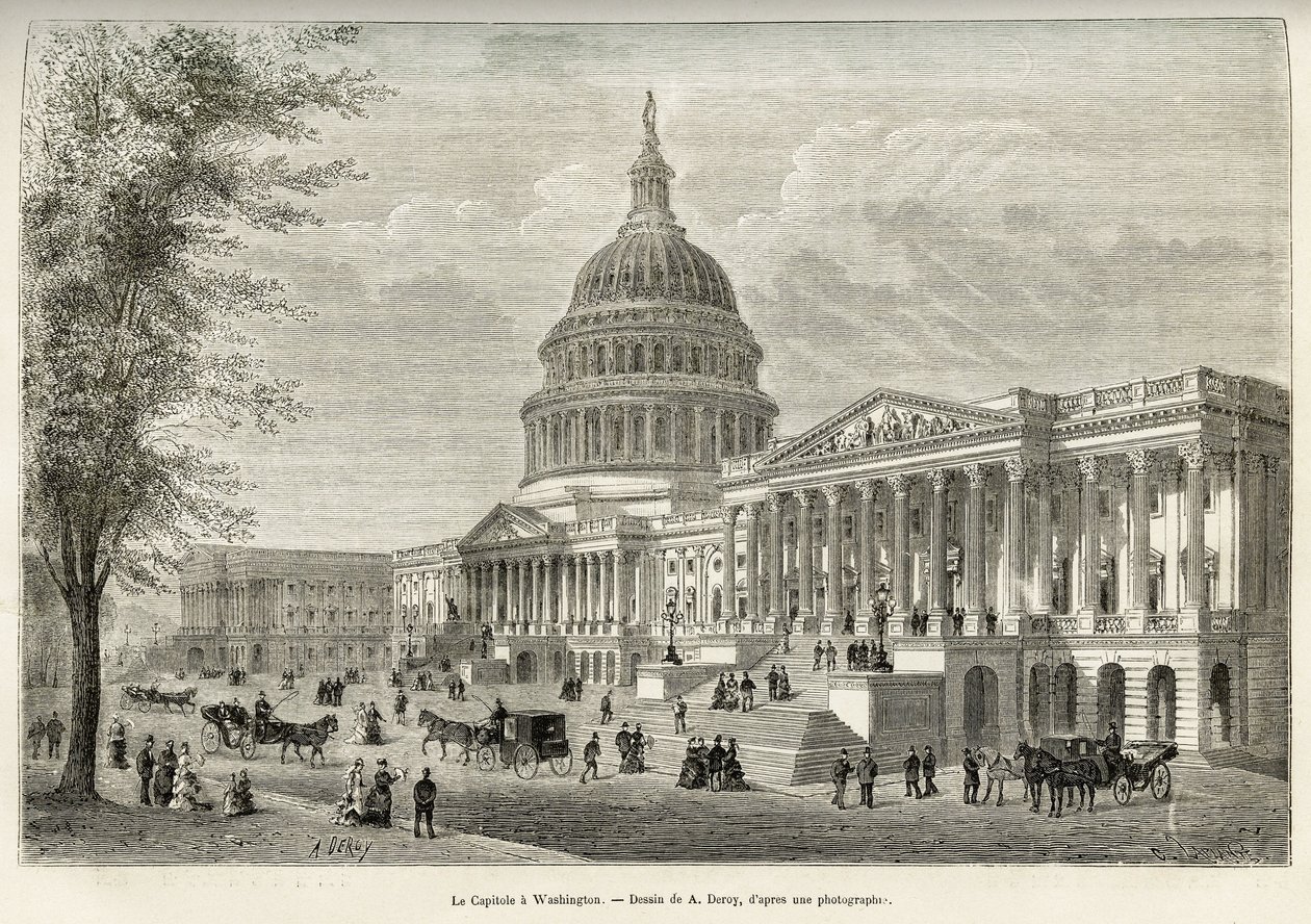 Capitol, lainsäätäjän toimipaikka, rakennettu vuosina 1793–1830 Washingtonissa (District of Columbia), Yhdysvaltojen pääkaupungissa. Kaiverrus A.Deroyn piirustuksen jälkeen havainnollistamaan tarinaa La conquete blanche, kirjoittanut William Hepworth Dixon tekijältä Auguste Victor Deroy