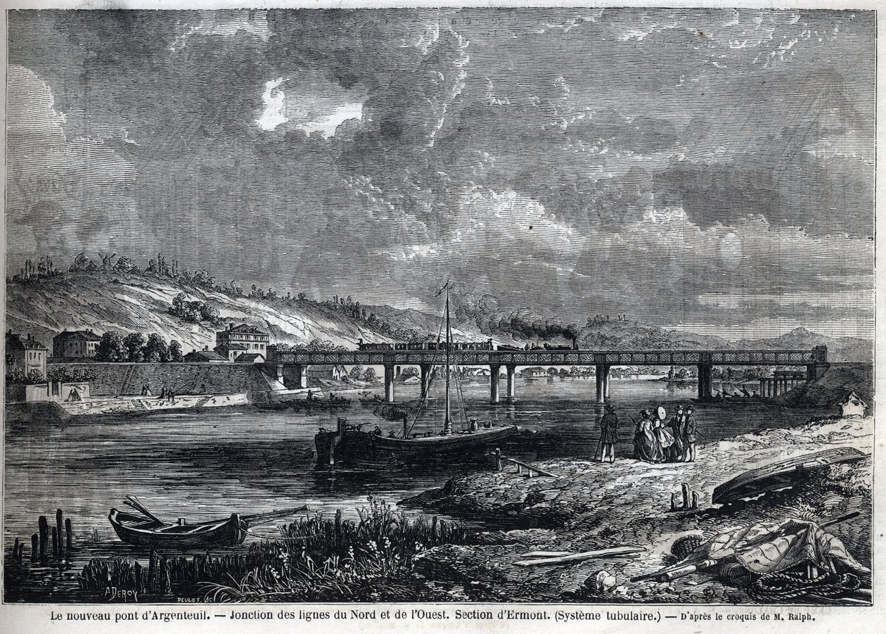 Uudella sillalla on Argenteuil. Pohjoisen ja lännen linjojen risteys. Ermont-osa (putkimainen järjestelmä). Kaiverrus Ralphin luonnoksen jälkeen elokuvassa "" Le Monde illustrious", 29.8.1863. Yksityinen kokoelma. tekijältä Auguste Victor Deroy