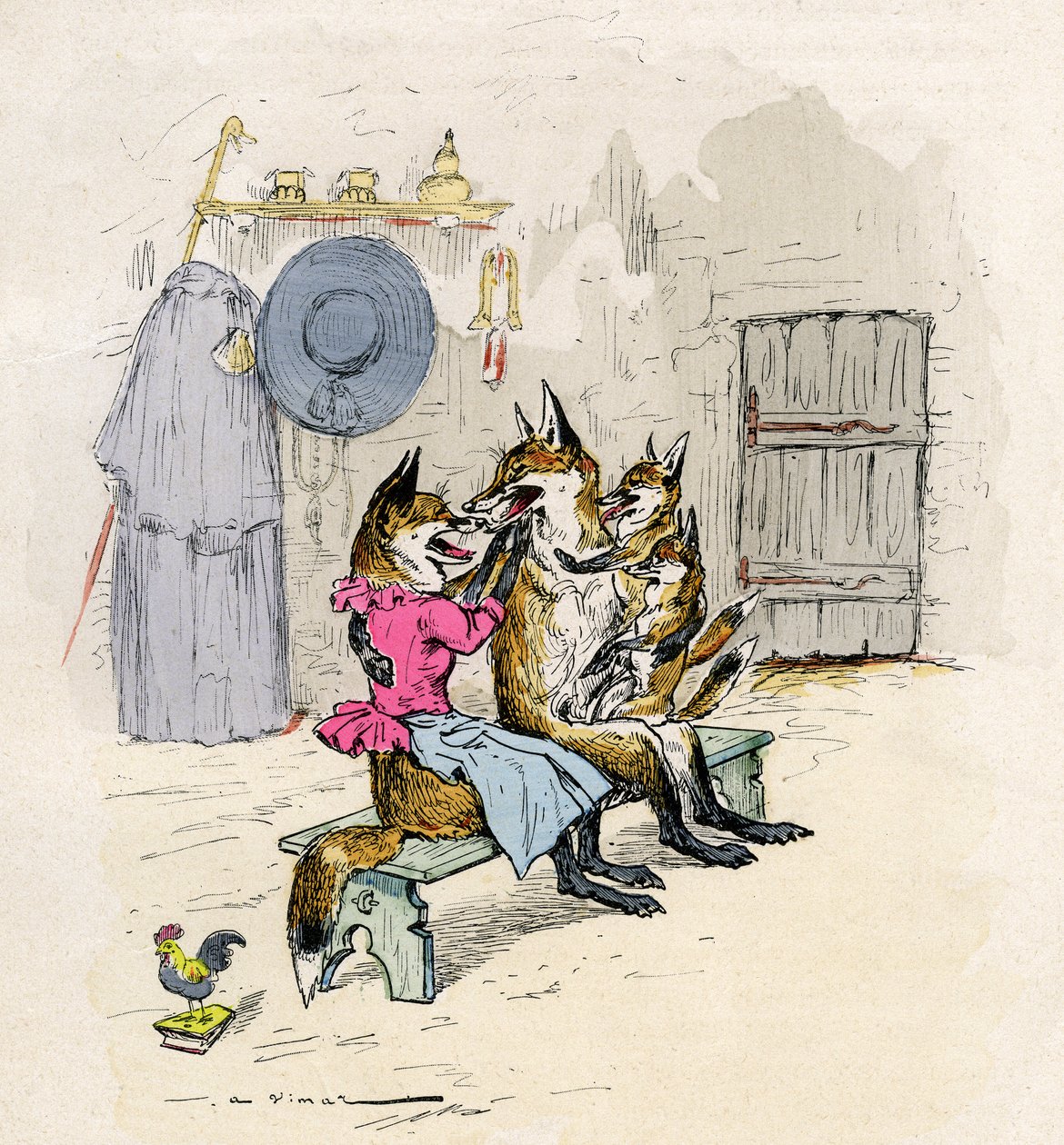 A. Vimarin kuvitus Novel de Renart -romaaniin (ketun romaani), painos Henri Laurens 1800-luku - Goupil ja Hermeline kettu, hänen vaimonsa, koti, lastensa pikkuketut - tekijältä Auguste Vimar