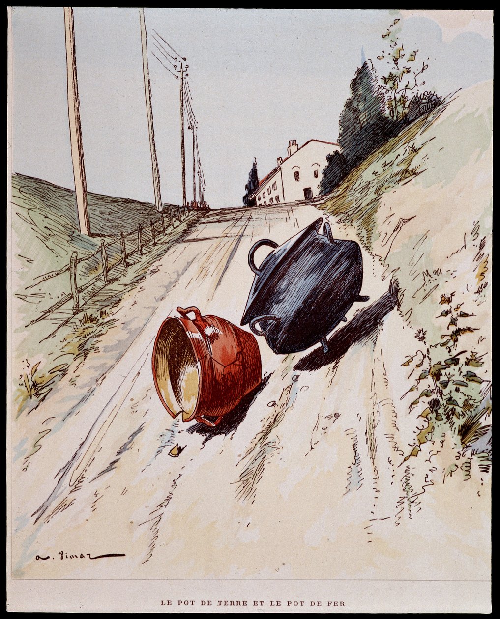 Saviruukku ja rautaruukku - teoksessa "" Les Fables de La Fontaine", ill. kirjoittanut Auguste Vimar (1851-1916), Tours, A, Mame & Son tekijältä Auguste Vimar