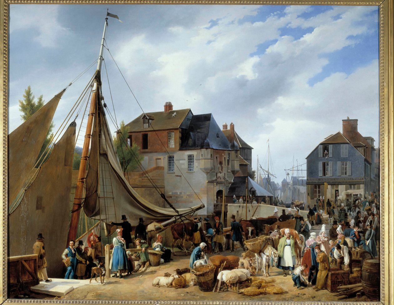 Nautakarja matkustajan kyydissä”” Honfleurin satamassa”” Auguste-Xavier Leprincen (1799-1826) maalaus 1823. Dim. 1,3x1,6 m. tekijältä Auguste Xavier Leprince