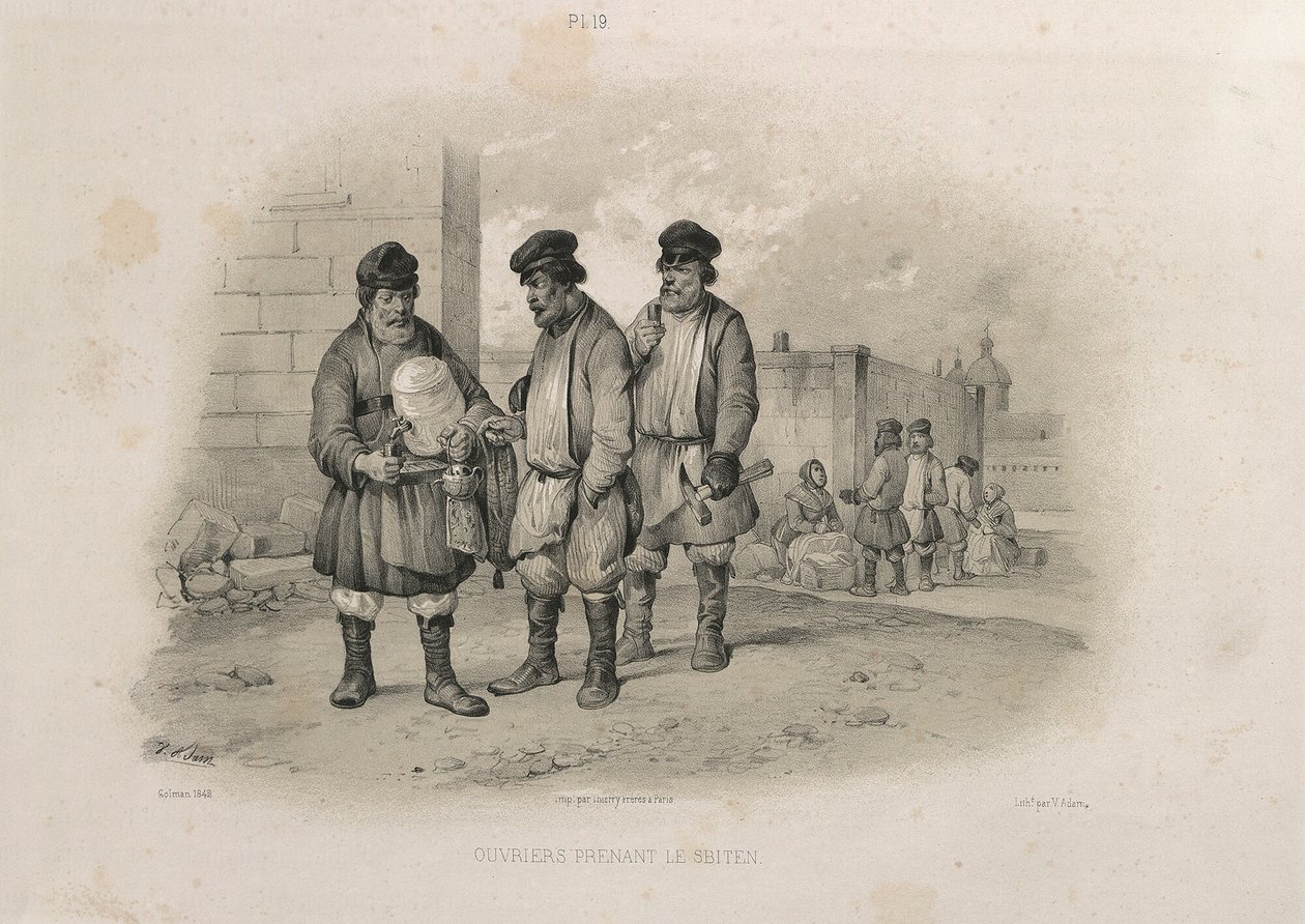 Rakentajat juovat Sbitenia: Pyhän Iisakin katedraalin rakentaminen, 1845 tekijältä Auguste de Montferrand