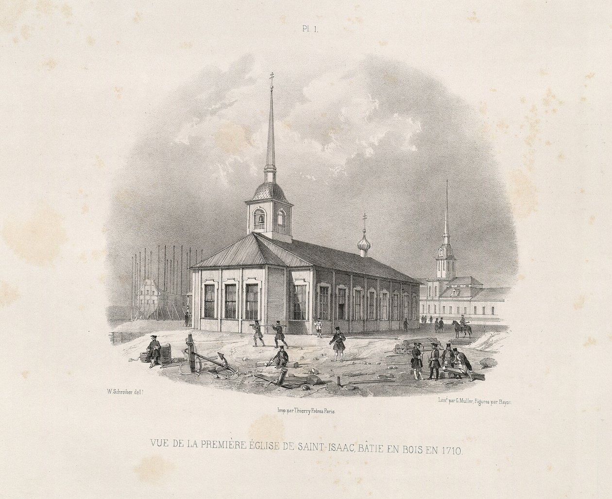 Ensimmäisen Iisakinkirkon kuva vuonna 1710 Alkaen: Pyhän Iisakin katedraalin rakentaminen, 1845 tekijältä Auguste de Montferrand