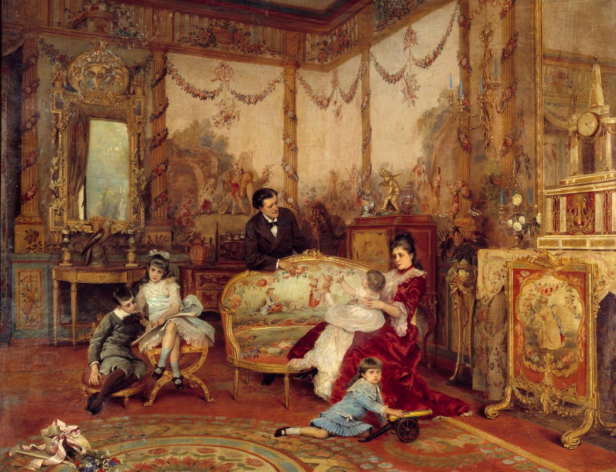 Victorian Sardou (1831 - 1908), näytelmäkirjailija ja hänen lapsensa. Näkymä olohuoneen sisäpuolelta, jossa on takka takan edessä. Auguste La Brelyn (1838-1906) maalaus tekijältä Auguste de la Brely