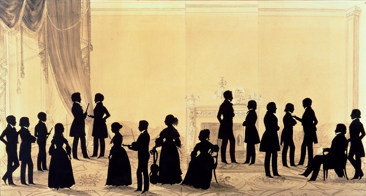 Tohtori Cheesmanin perheen ja vieraiden siluetti, 1840 tekijältä Augustin Amant Constant Fidele Edouart