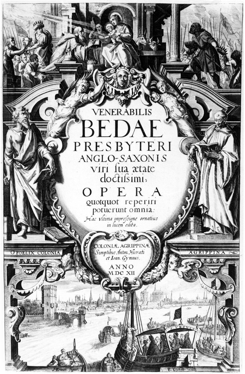 Nimisivu teokselle Venerable Bede of Anglosakson Priests, printti Peter Isselburg, julkaistu Kölnissä, 1612 (kaiverrus ja kohopaino) tekijältä Augustin Braun