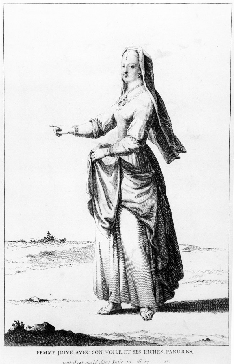 Ranskan juutalainen nainen hunnunsa ja rikkaiden koristeidensa kanssa, kuvitus sanakirjasta Dictionnaire Historique de la Bible, 1722 tekijältä Augustin Calmet