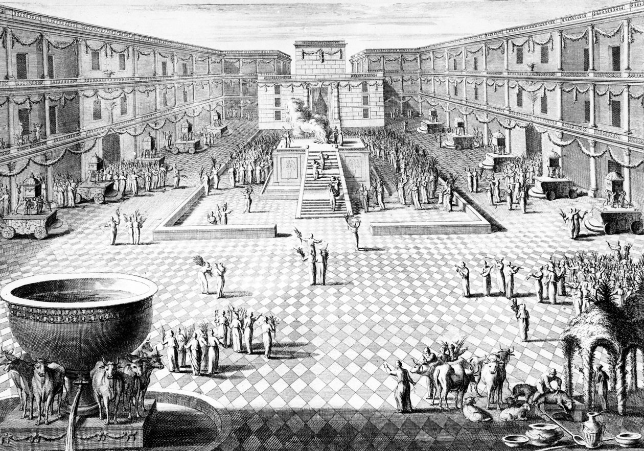 Salomonin temppelin seremonioiden toteuttamisen uudelleenrakentaminen juutalaisen Sukkotin juhlan viimeisenä päivänä (Hoshannah Raba), kuva Dictionnaire Historique de la Biblesta, 1722 (fi tekijältä Augustin Calmet