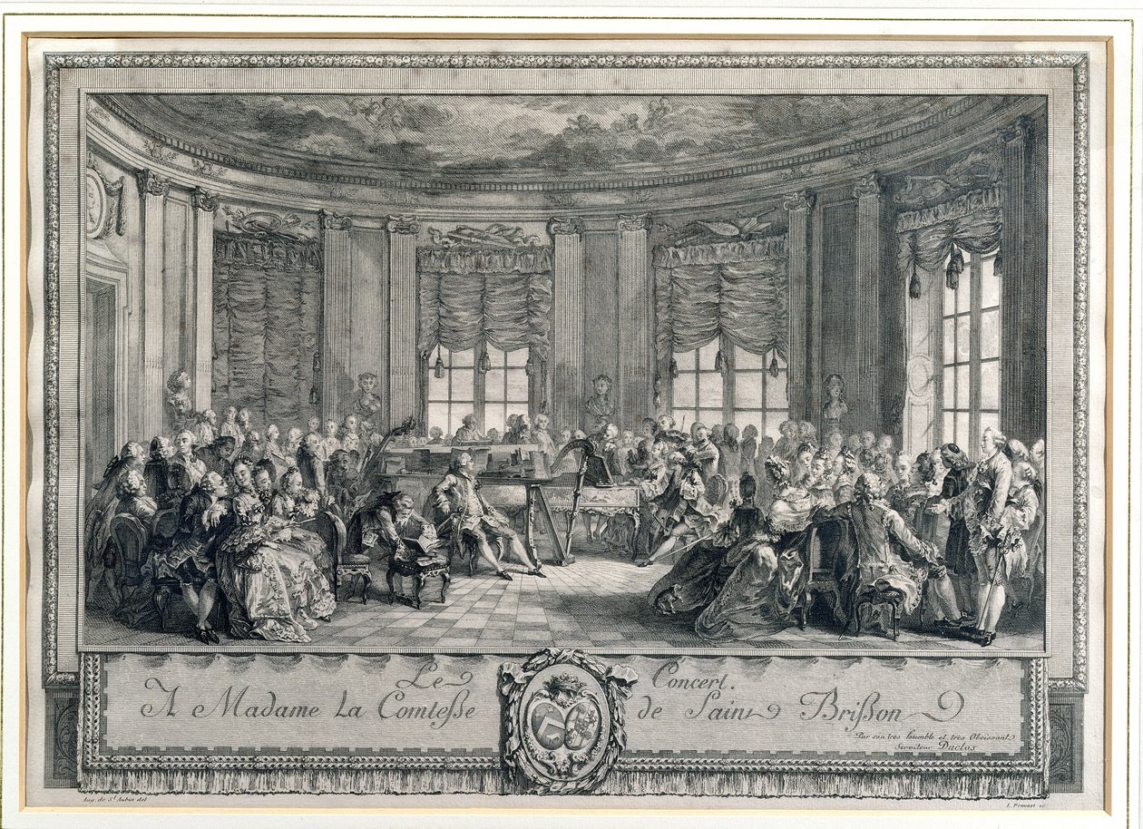 Konsertti kreivitär Saint Brissonin talossa, kaiverrus L. Provost tekijältä Augustin de Saint Aubin