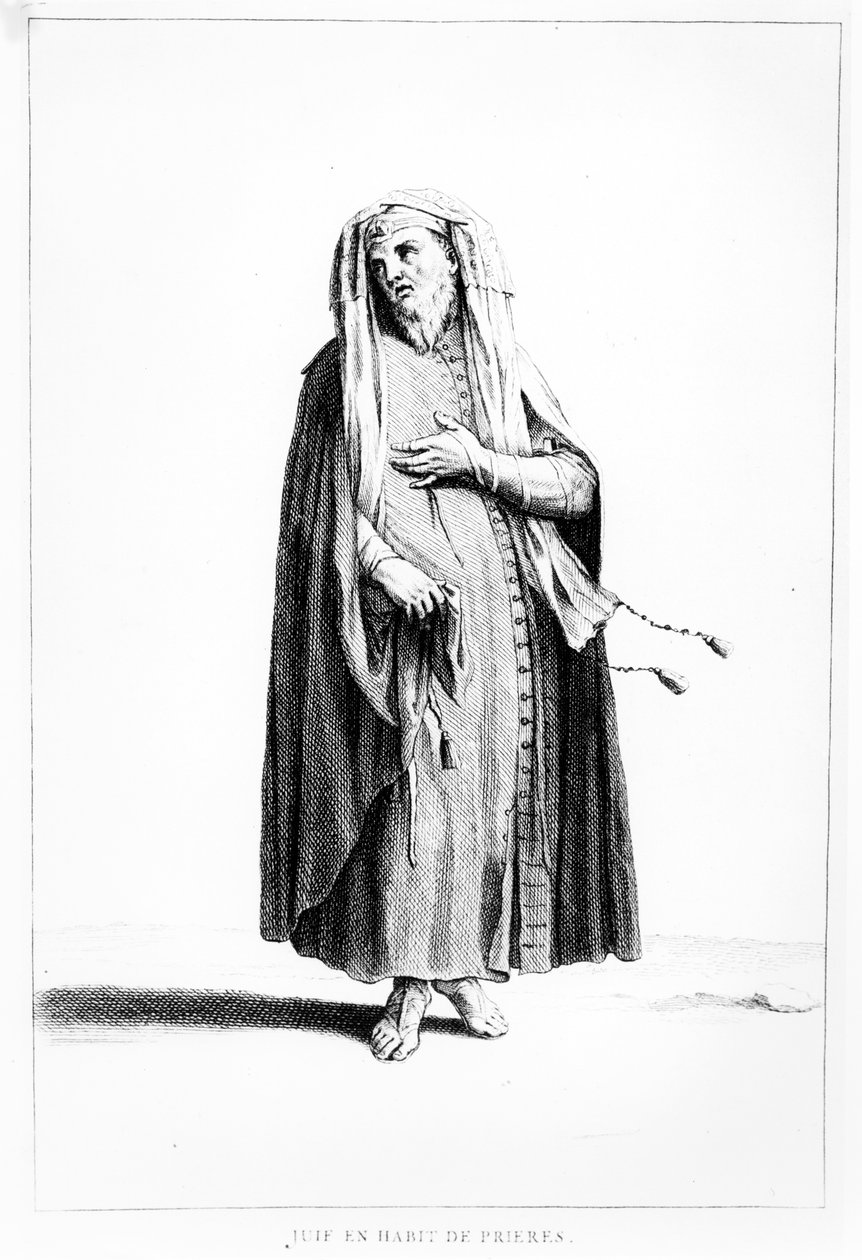 Rukoukseen pukeutunut ranskalainen juutalainen mies, kuva Dictionnaire Historique de la Biblesta, 1722 tekijältä Augustin Calmet
