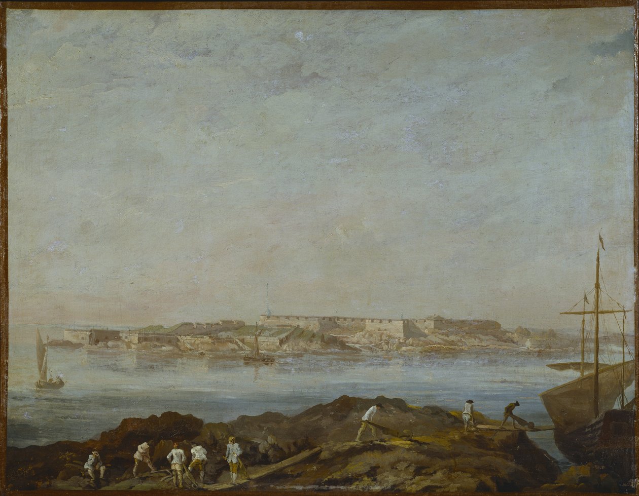 Vue de Sveaborg (ou Suomenlinna, Viapori) (Finlande) - View of Sveaborg, by Ehrensvard, Augustin (1710-1772). Oil on canvas. Dimension : 54x69,5 cm. Nationalmuseum Stockholm tekijältä Augustin Ehrensvard