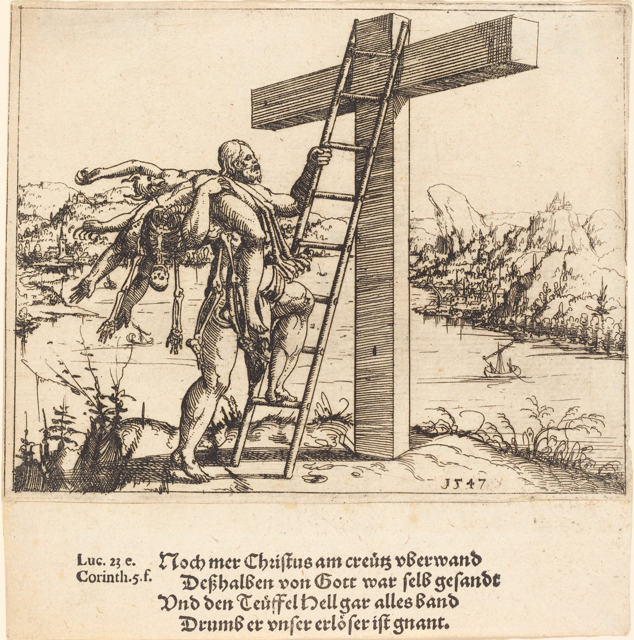 Kristus nousemassa ristille synnin, kuoleman ja paholaisen kanssa, 1547. tekijältä Augustin Hirschvogel