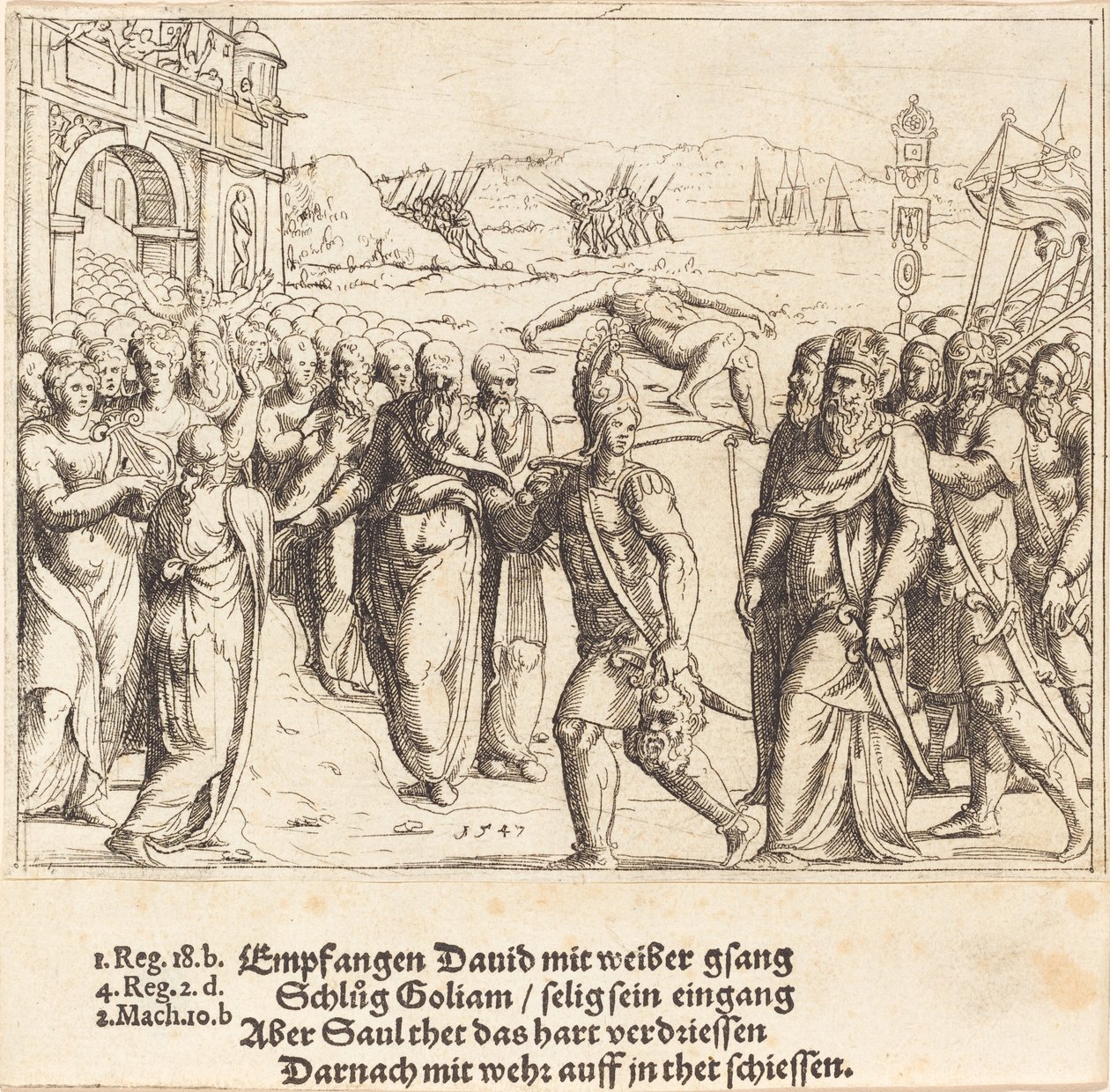 Daavid on tervetullut Goljatin tappamisen ja Saulin mustasukkaisuuden, 1547, jälkeen. tekijältä Augustin Hirschvogel