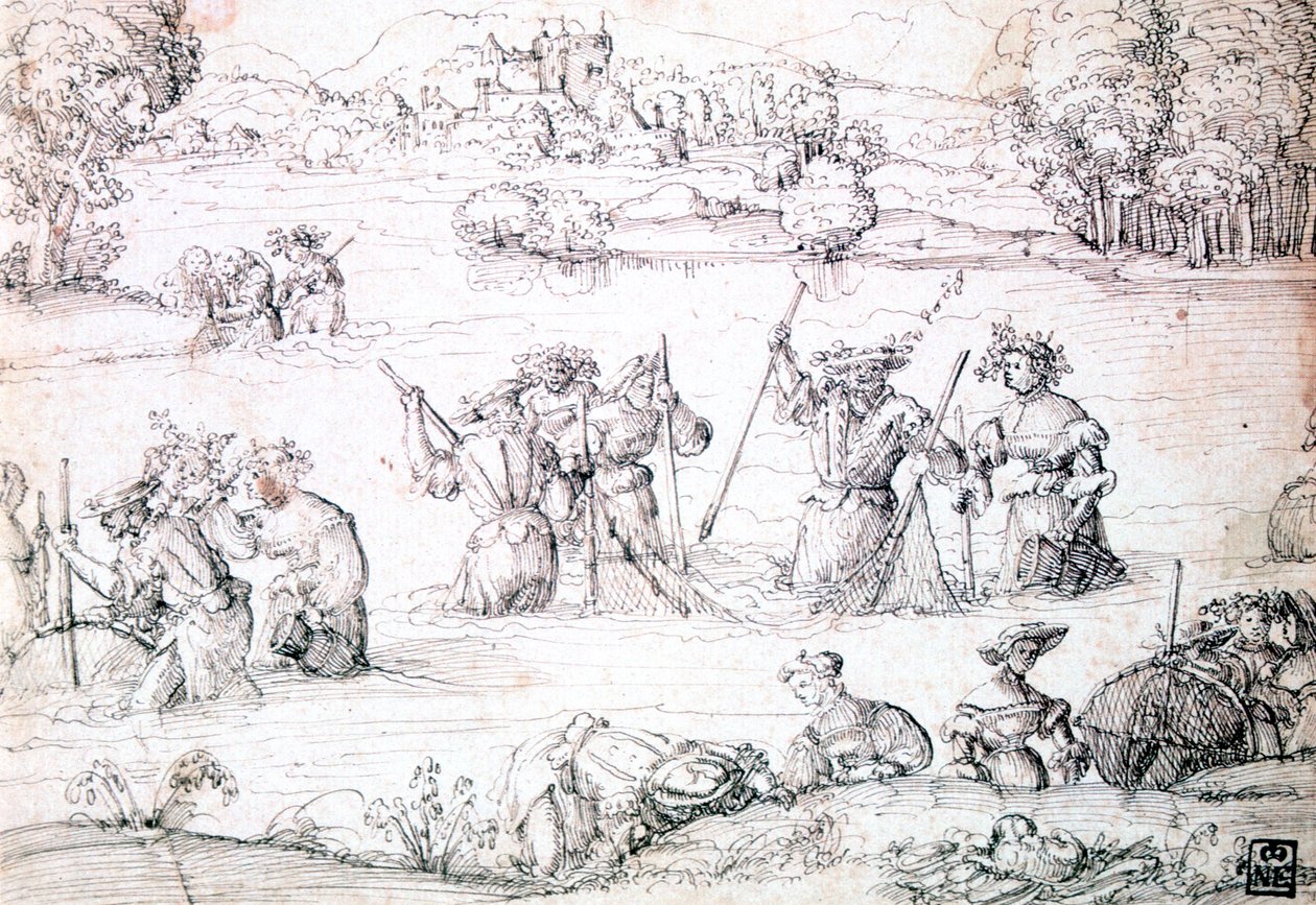 Fishing in the Rain, c1513-1553 tekijältä Augustin Hirschvogel