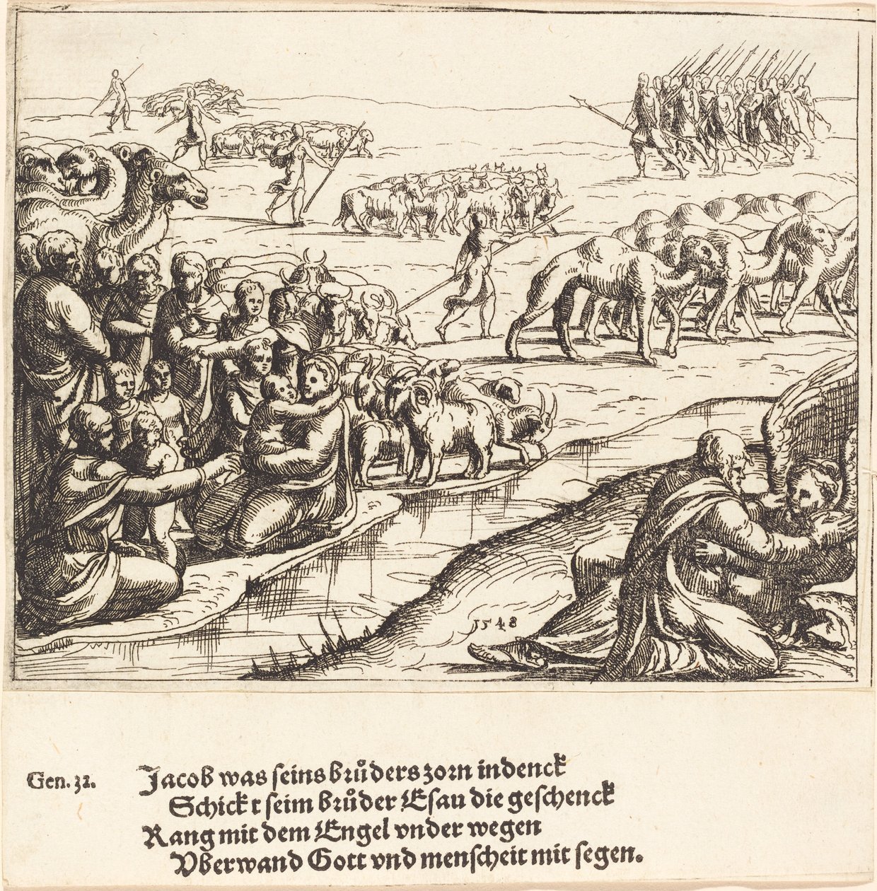 Jaakob paini enkelin kanssa, 1548. tekijältä Augustin Hirschvogel