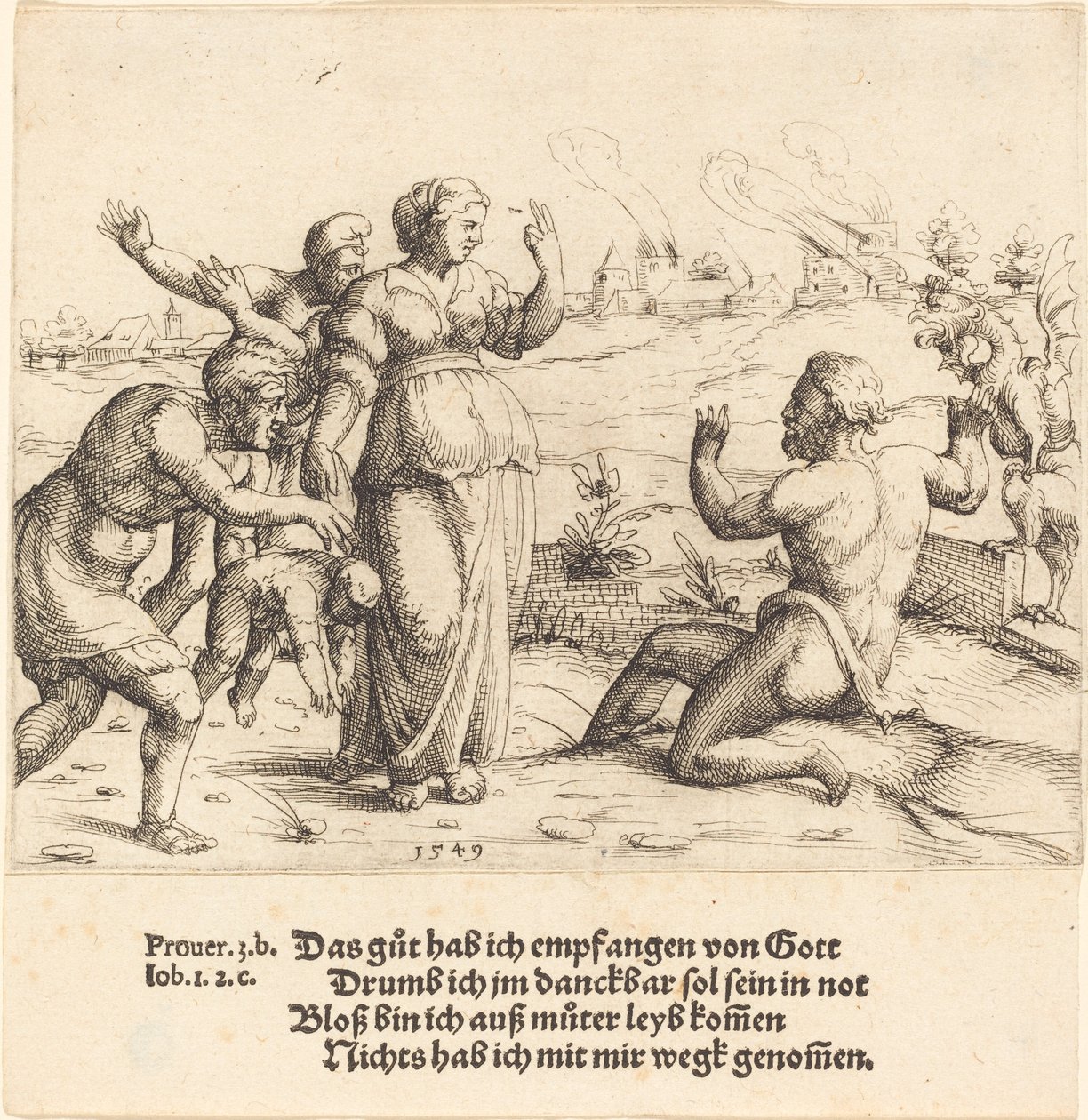 Job saa tietää vastoinkäymisistään, 1549. tekijältä Augustin Hirschvogel
