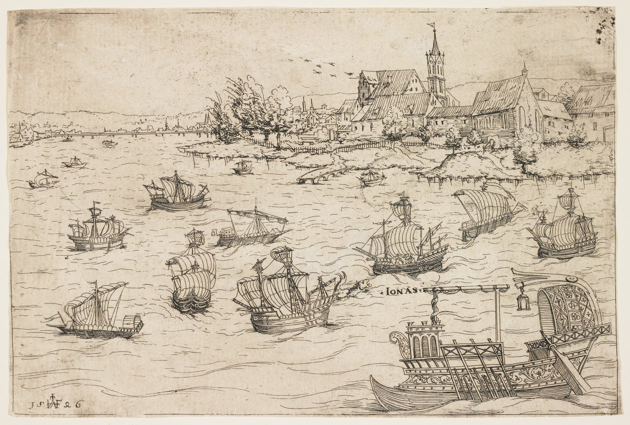 Joona ja valas järvellä purjealuksilla, 1546 tekijältä Augustin Hirschvogel