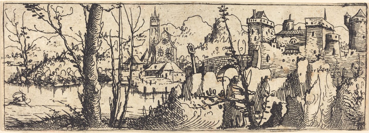 Maisema ja linna oikealla, kallioiden ympäröimä, 1546. tekijältä Augustin Hirschvogel