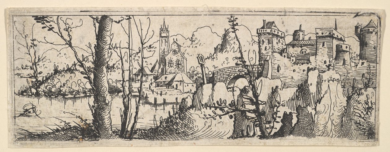 Maisema linnoituksen ja kirkon kanssa joella, 1545. tekijältä Augustin Hirschvogel