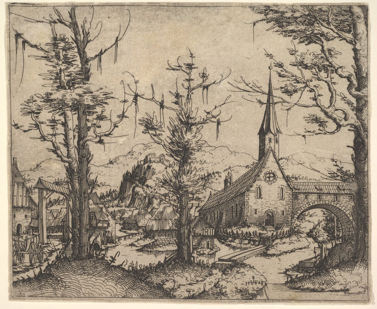 Maisema, jossa on neljä puuta ja kirkko oikealla, 1545. tekijältä Augustin Hirschvogel