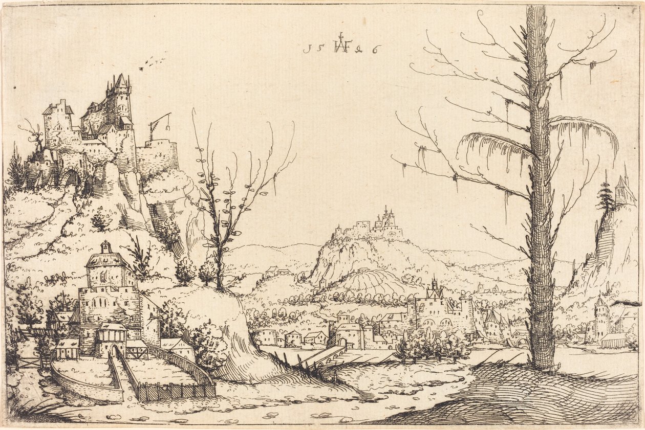 Maisema korkeiden kallioiden, joen ja kaupungin kanssa, 1546. tekijältä Augustin Hirschvogel