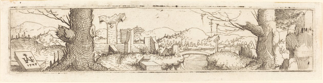 Maisema puron ja raunioiden kanssa, 1545. tekijältä Augustin Hirschvogel