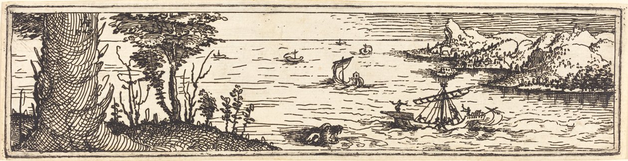 Maisema järvellä ja purjealuksilla, 1545. tekijältä Augustin Hirschvogel