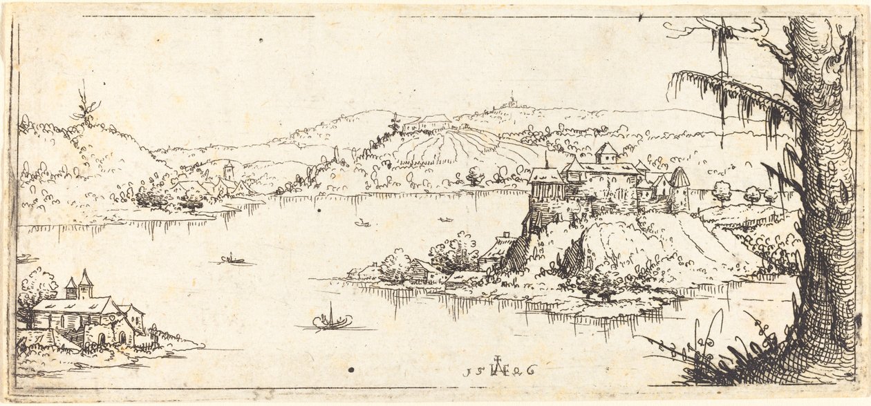 Maisema ja suuri järvi keskellä, 1546. tekijältä Augustin Hirschvogel