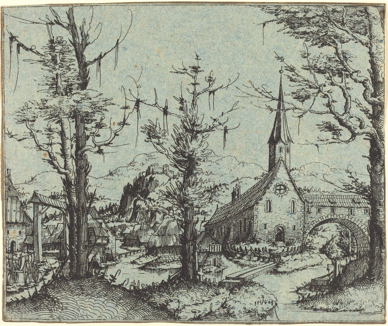 Maisema ja kyläkirkko, 1545. tekijältä Augustin Hirschvogel