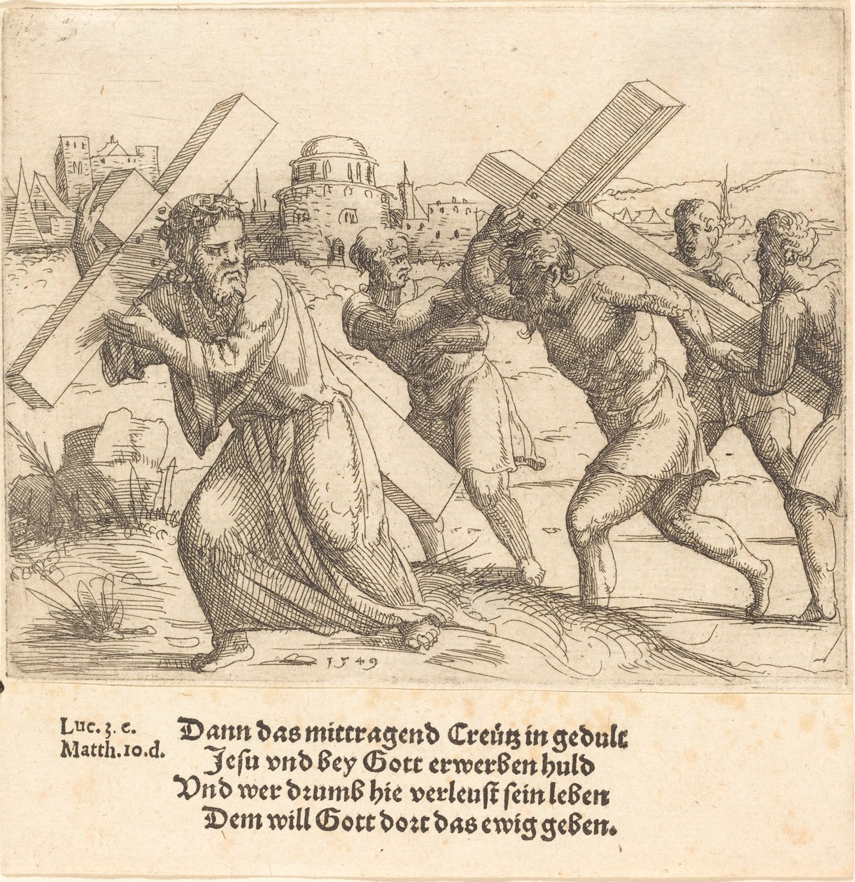 Ihminen kantaa ristiä Kristuksen jälkeen, 1549. tekijältä Augustin Hirschvogel