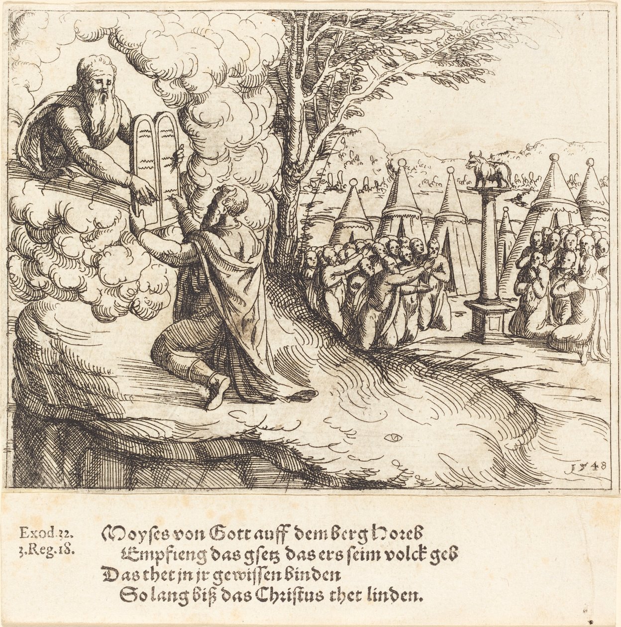 Mooses vastaanottamassa tauluja, 1548. tekijältä Augustin Hirschvogel