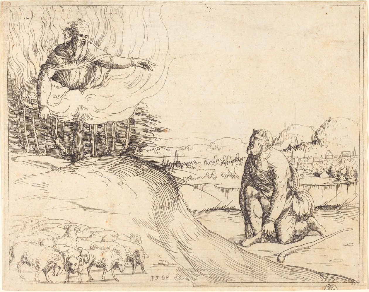 Mooses ja palava pensas, 1548. tekijältä Augustin Hirschvogel