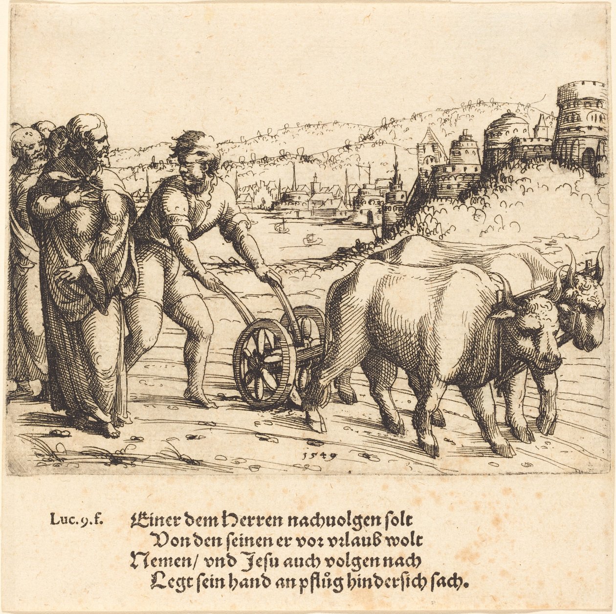 Ei kukaan, joka panee kätensä auraan ja katsoo taaksepäin, on Kristuksen seuraaja, 1549. tekijältä Augustin Hirschvogel