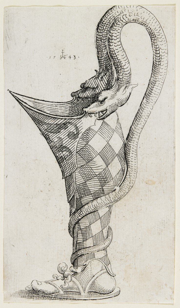 Koristeellinen jalan muotoinen alus, 1543 tekijältä Augustin Hirschvogel