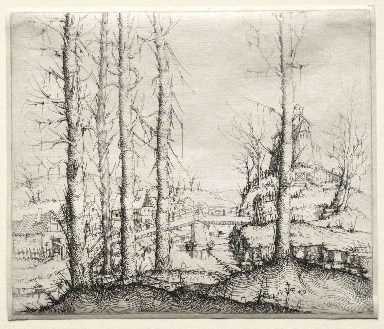 Jokimaisema viidellä paljaalla kuusella etualalla, 1549. tekijältä Augustin Hirschvogel