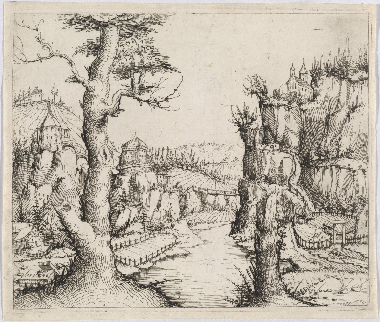 Jokimaisema korkeilla kallioilla, 1546. tekijältä Augustin Hirschvogel